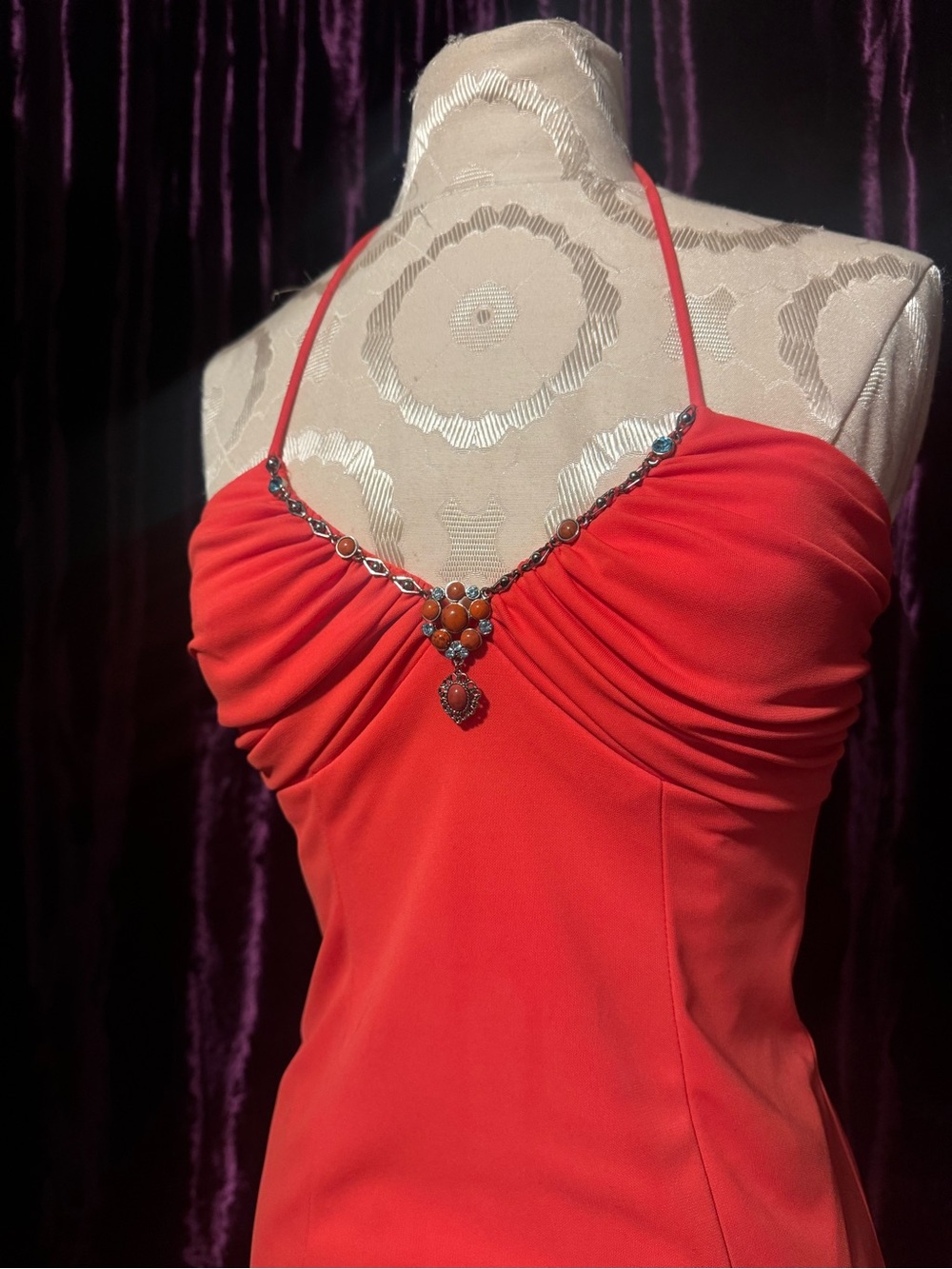 Orange Halter Evening Gown with Jewel Detail - Picture 4 of 9